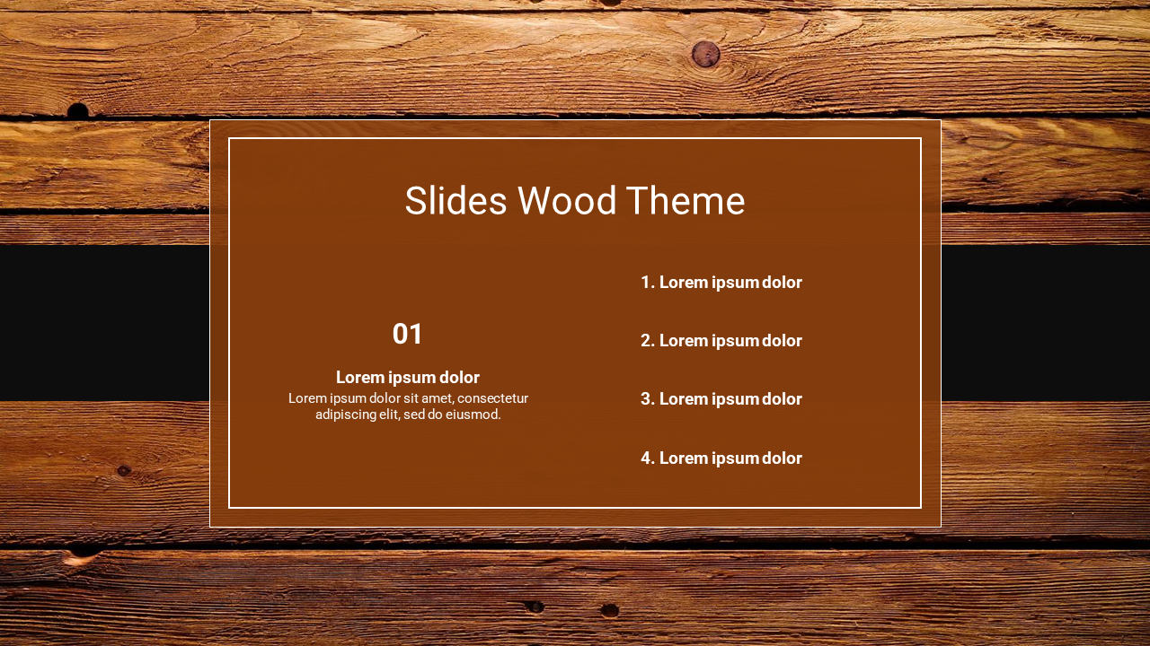 Slide with a wood plank background and a brown text section in the middle featuring four bullet points.