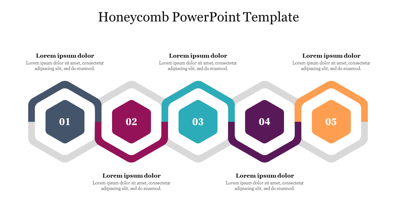 Row of five hexagons in gray, red, teal, purple, and orange, numbered 01 to 05, with placeholder text.