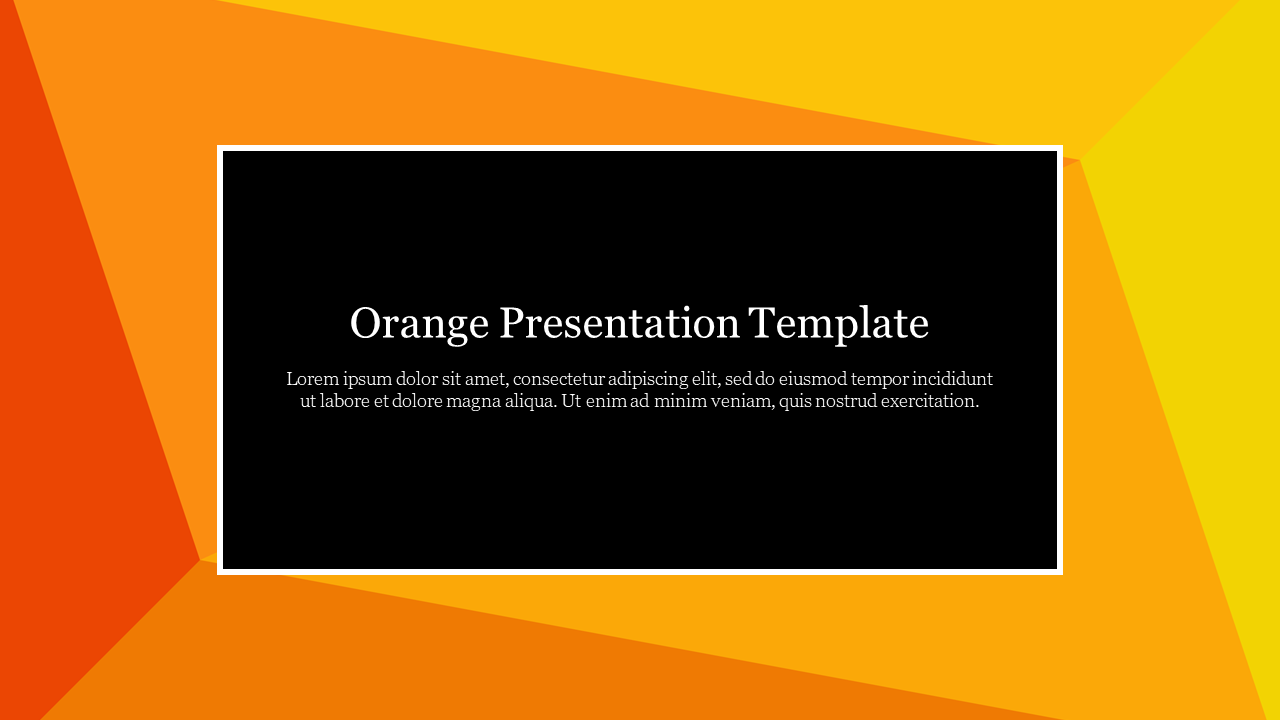 Vibrant orange geometric background PPT slide with a white bordered text box featuring a template title.