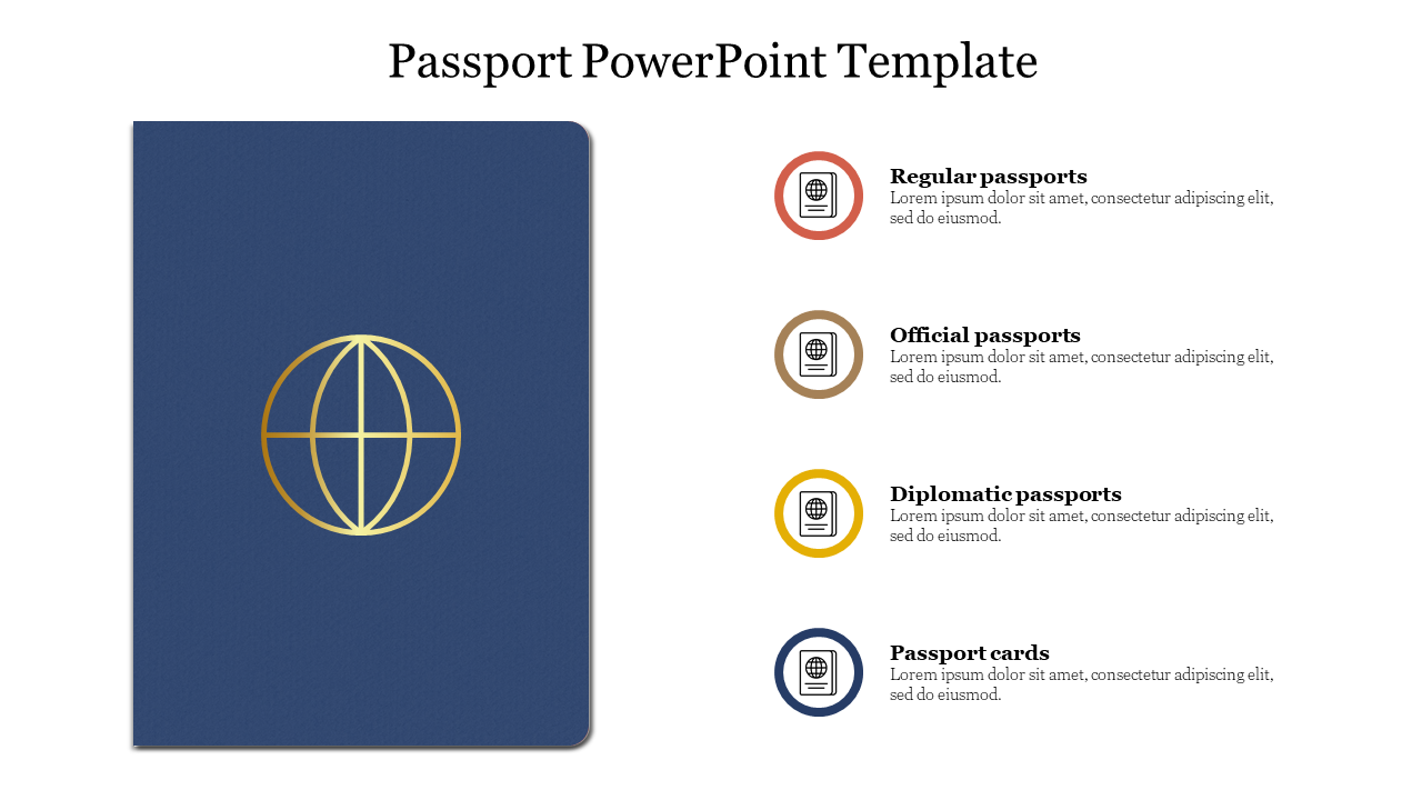 Blue passport cover with a golden globe symbol on the left, and four colored circular labels, each with a category.