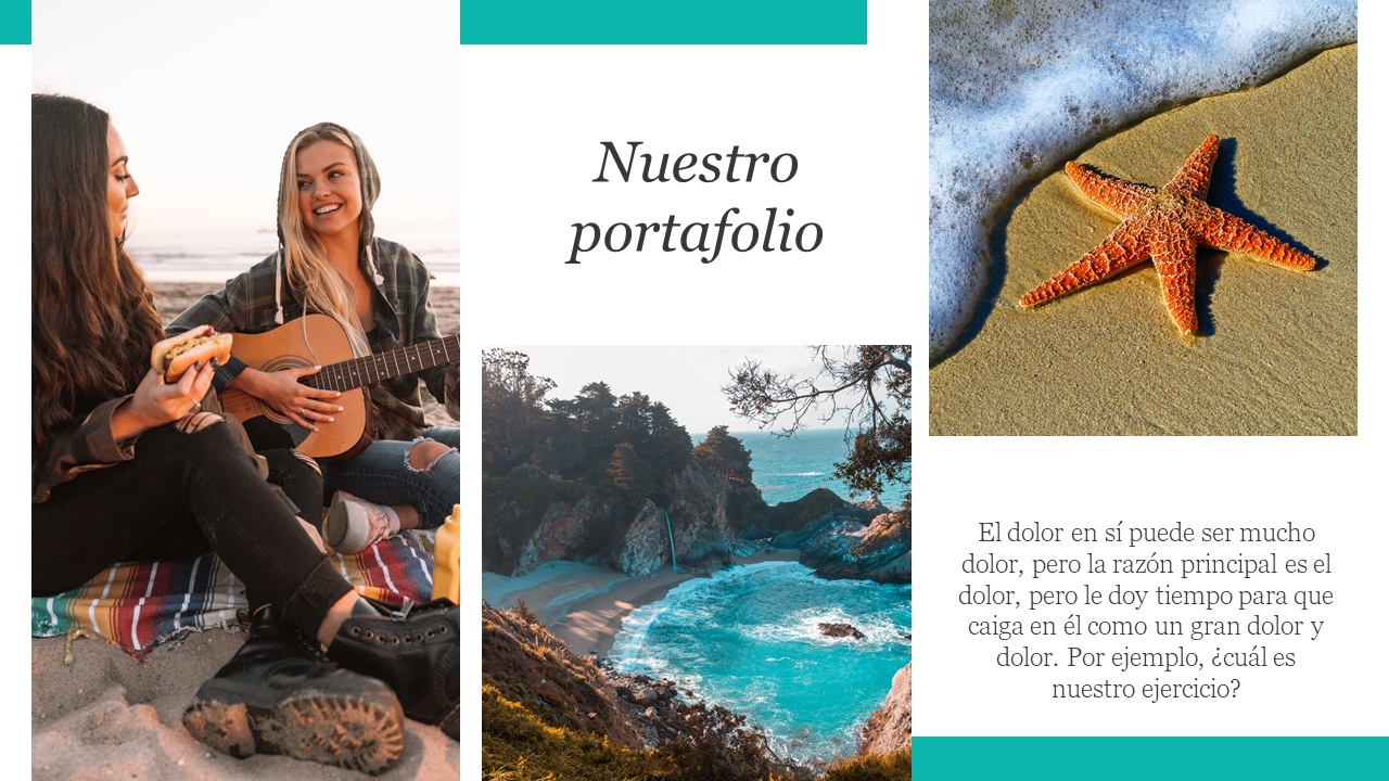 Collage featuring Plantilla Moderna PowerPoint friends on a beach, a coastal waterfall, and a starfish on the sand.