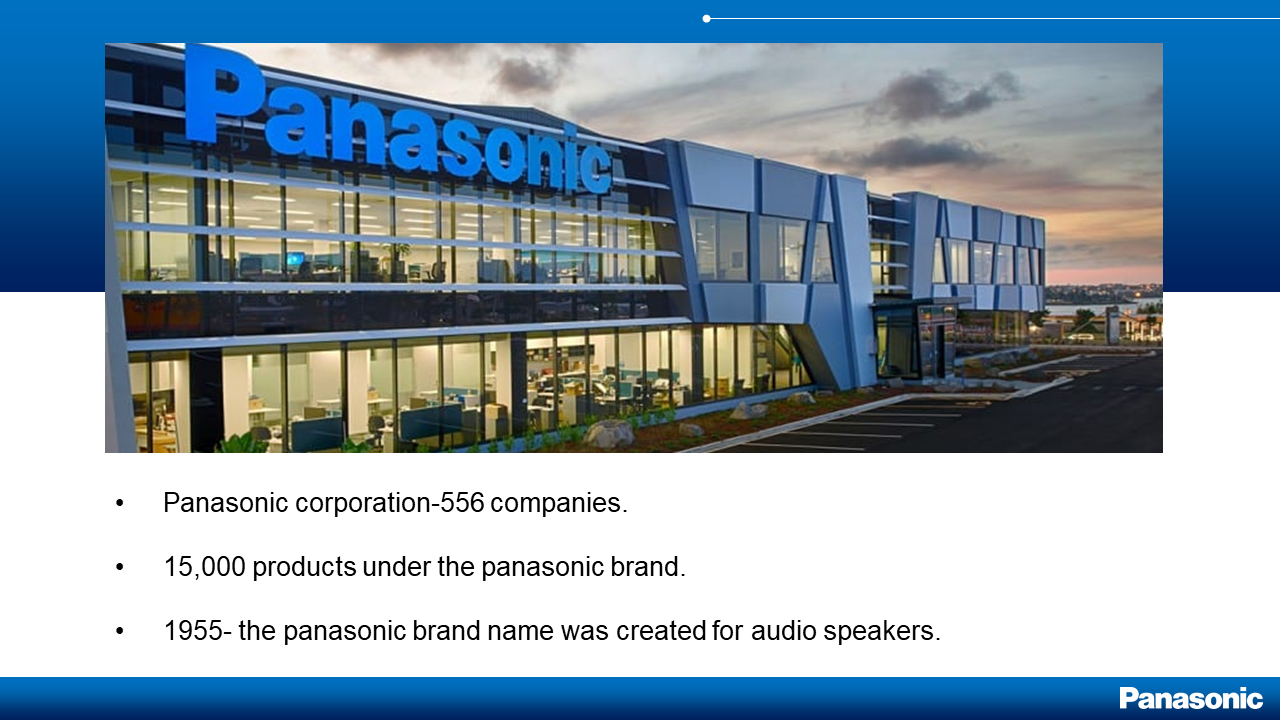 Panasonic building with blue logo, and three bullet points with company facts on a white background below the image.