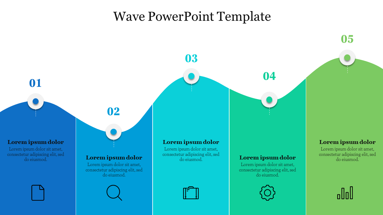 Slide with blue to green gradient wave shaped infographic with five sections numbered 01 to 05, each with icon and text.