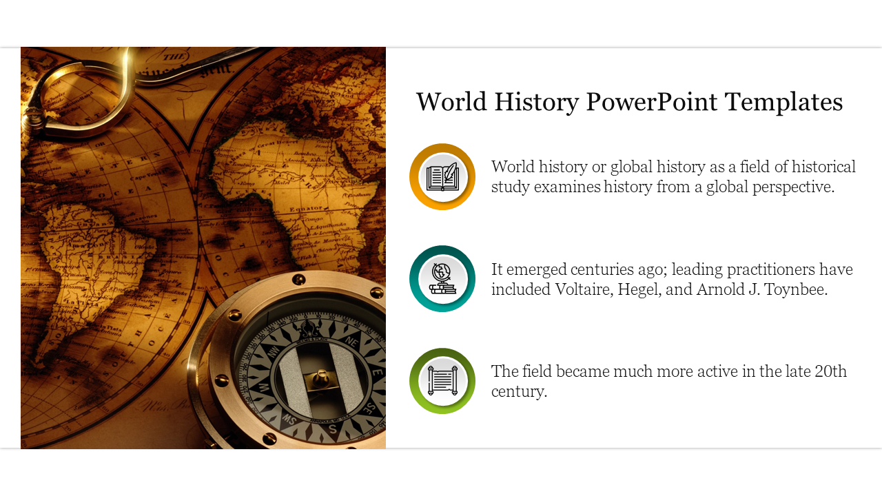 History slide showing vintage map with a compass and rings in earthy tones and three captions with circular icons.