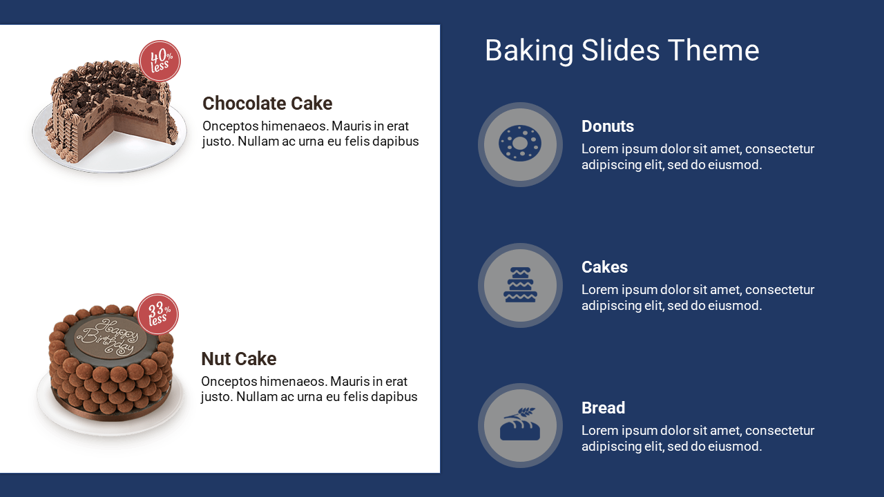 Chocolate and nut cakes are on the left white area, with a dark blue background on the right featuring baking related icons.