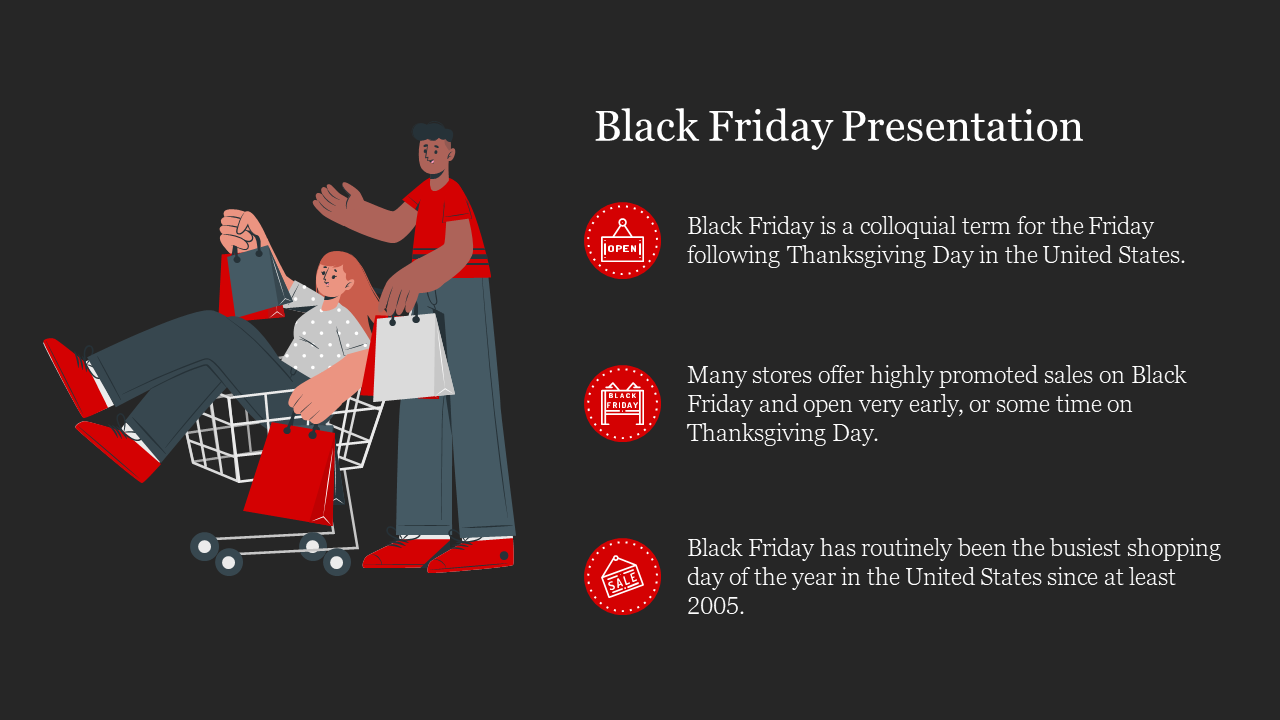 Informative Black Friday presentation slide featuring two characters shopping with bags and icons representing sales.