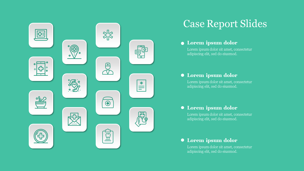 Medical icons arranged in square buttons on the left, with case report bullet points on the right in a green background.