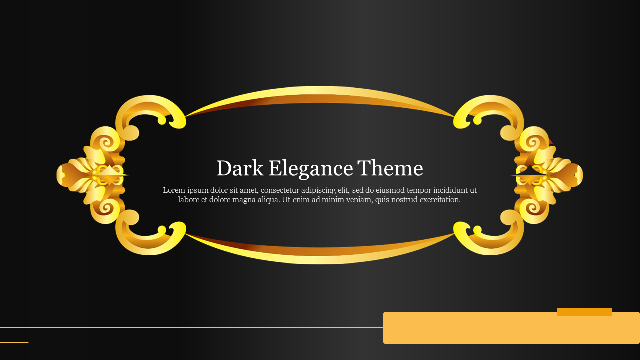 Elegant dark themed slide with ornate golden frame and placeholder text in the center.