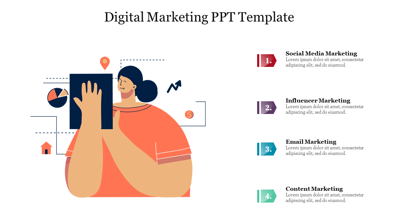 Digital marketing PPT template highlighting social media, influencer, email, and content marketing strategies.