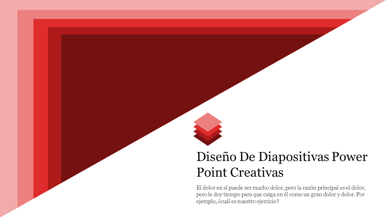 Diseno de diapositivas PowerPoint creativas with red gradient layered shapes, and text on the right white section.