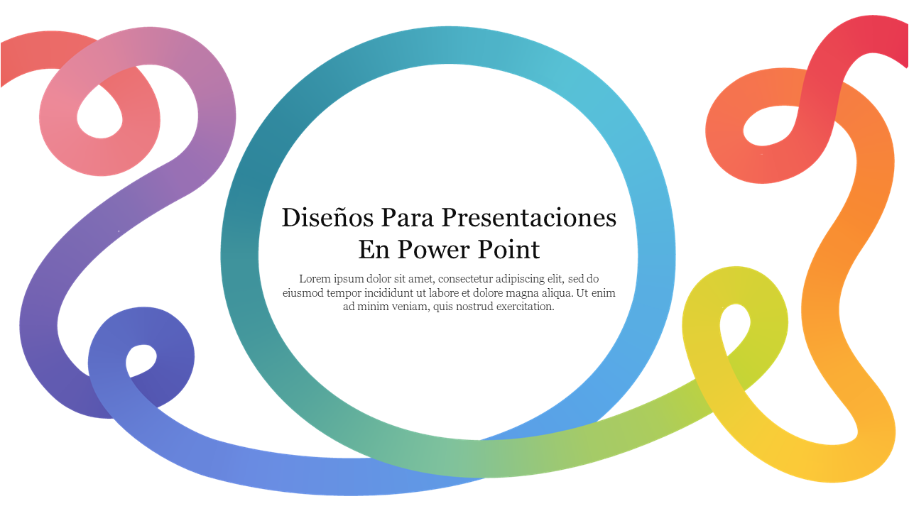 Disenos Para Presentaciones En PowerPoint design with swirling, multicolored lines and text in the center.