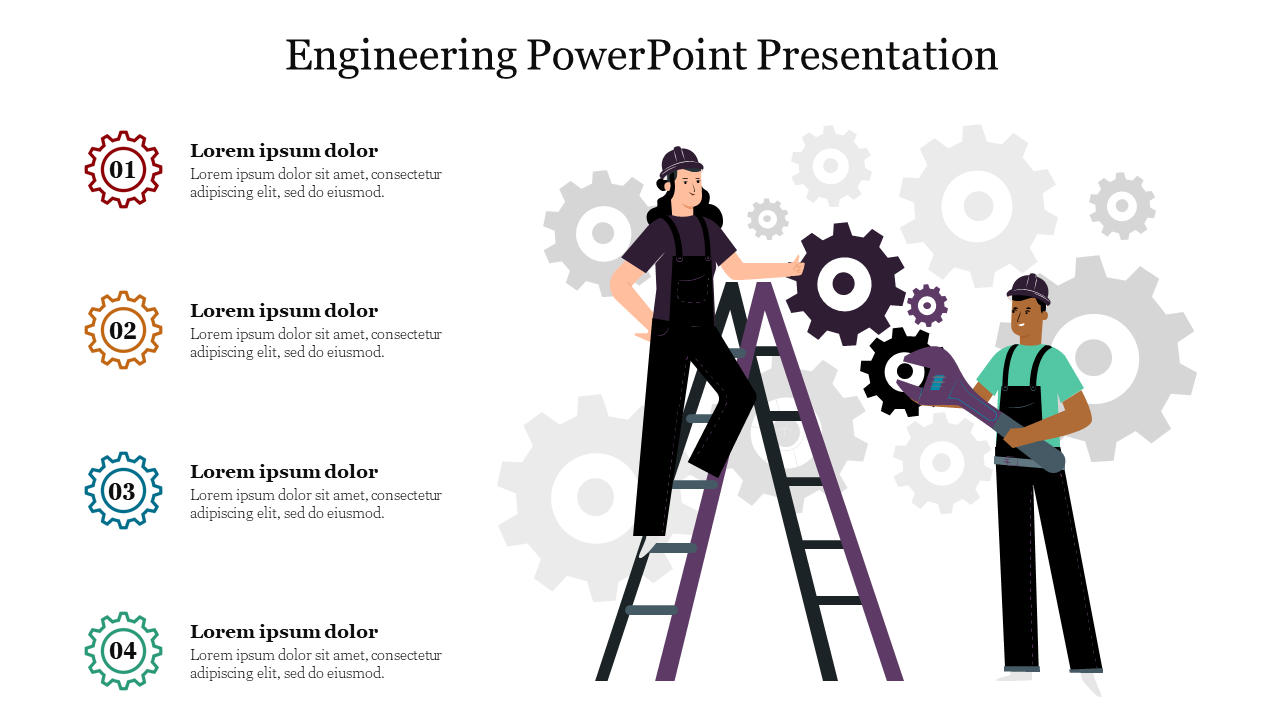 Engineering PowerPoint presentation slide featuring an illustration of two engineers working with gears and placeholder text.