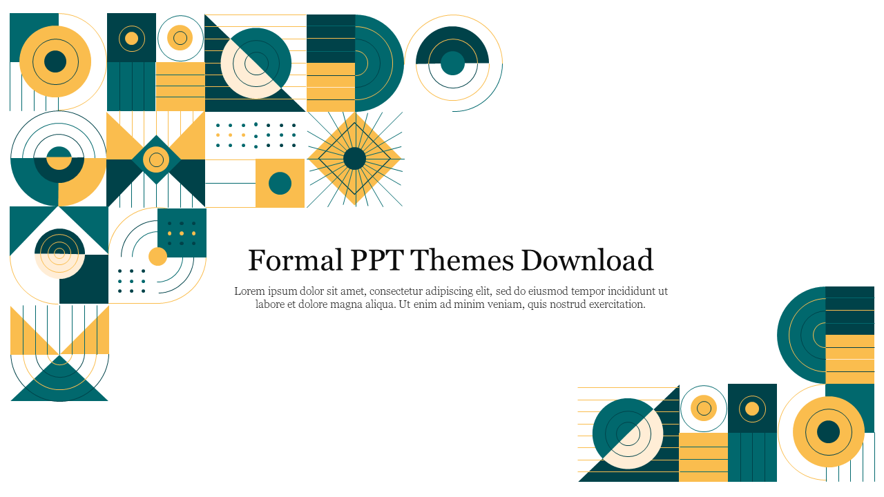 A slide with a formal theme with colorful geometric shapes in teal and yellow at both the corners and a title text at center.