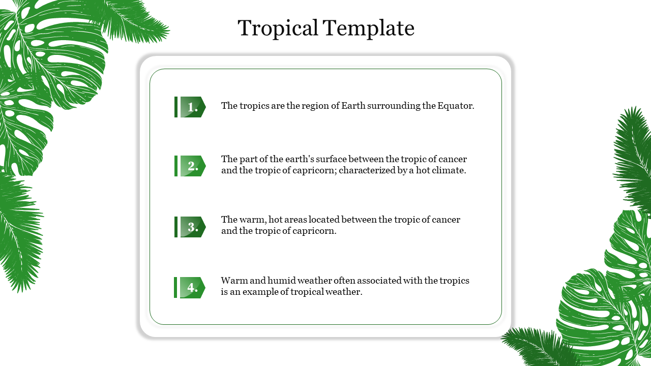 Tropical-themed  slide with green palm leaf illustrations framing a white box listing four descriptions.