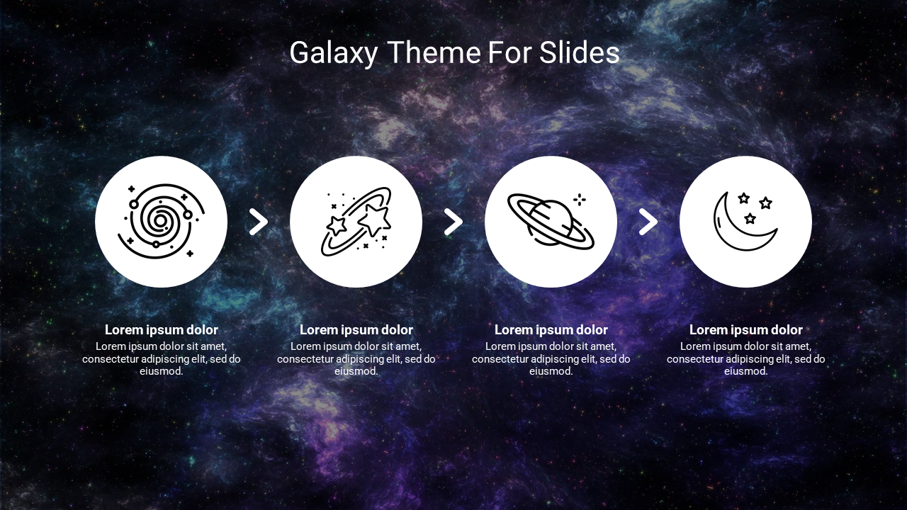 Slide with a dark, starry background and four white circular icons arranged in a row with caption areas.