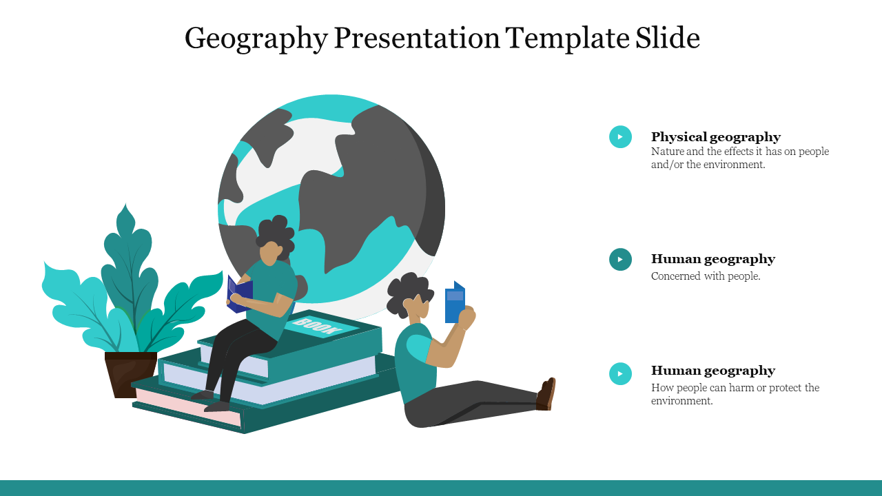 Illustration of a globe in teal and gray with two figures reading near stacked books, and three text bullets on the right.