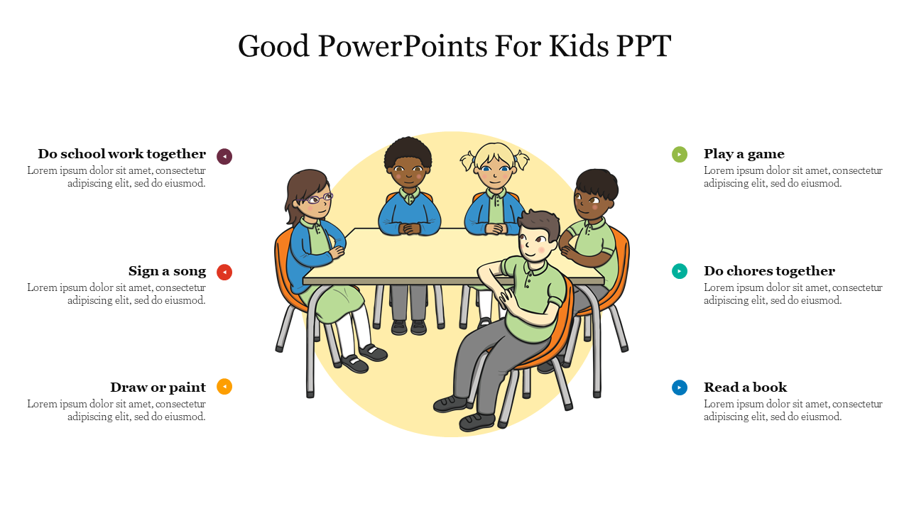 Good illustration of five children seated around a table, with text bubbles surrounding them suggesting activities.