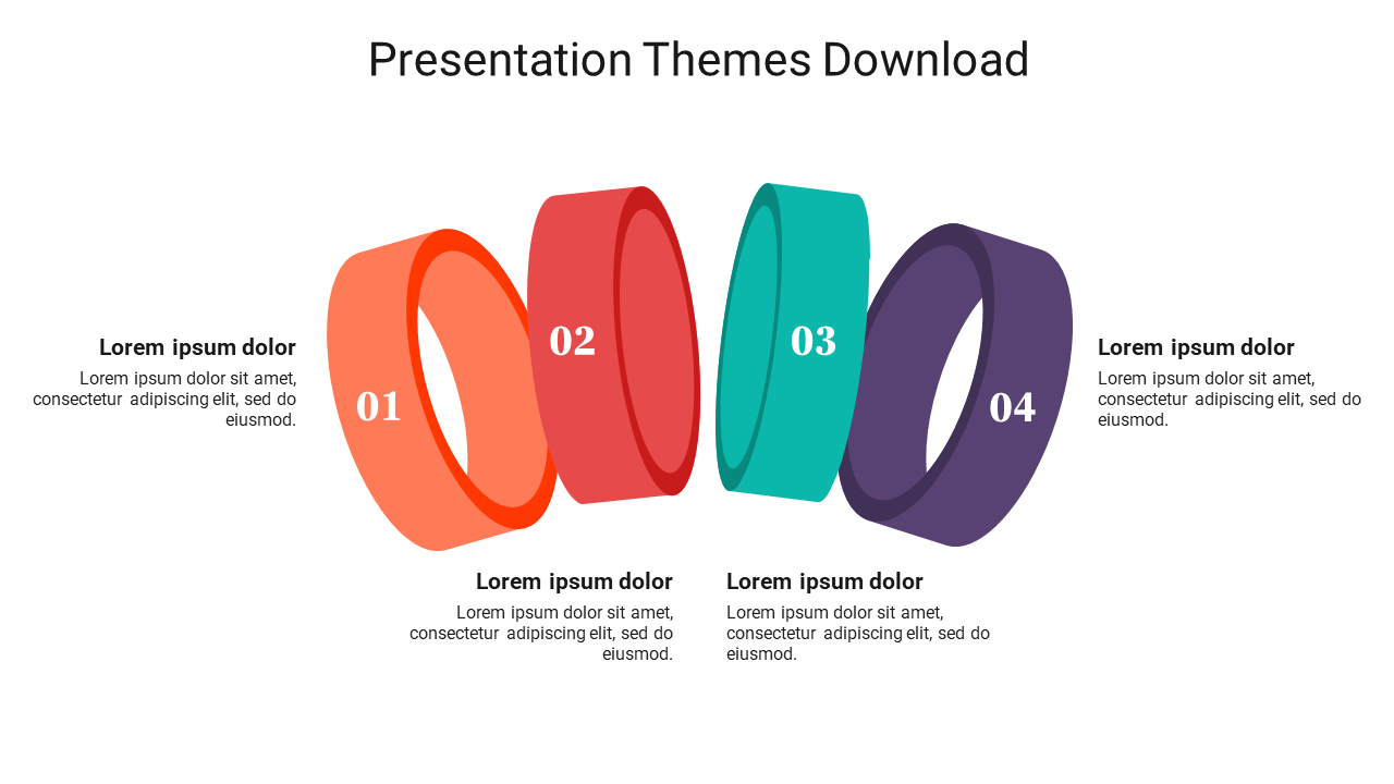 4 colorful rings with numbers representing different presentation themes, accompanied by placeholder text for each section.