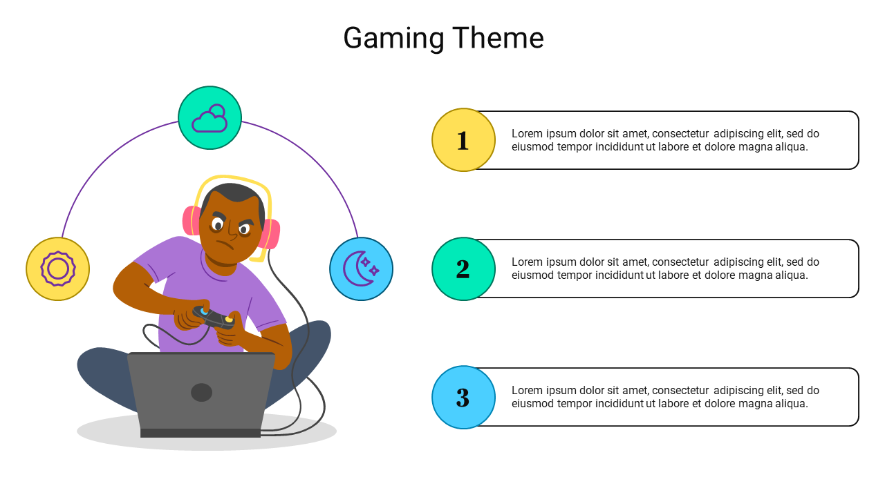 Gaming themed slide featuring an illustration of a gamer with a controller, connected icons, and numbered text sections.