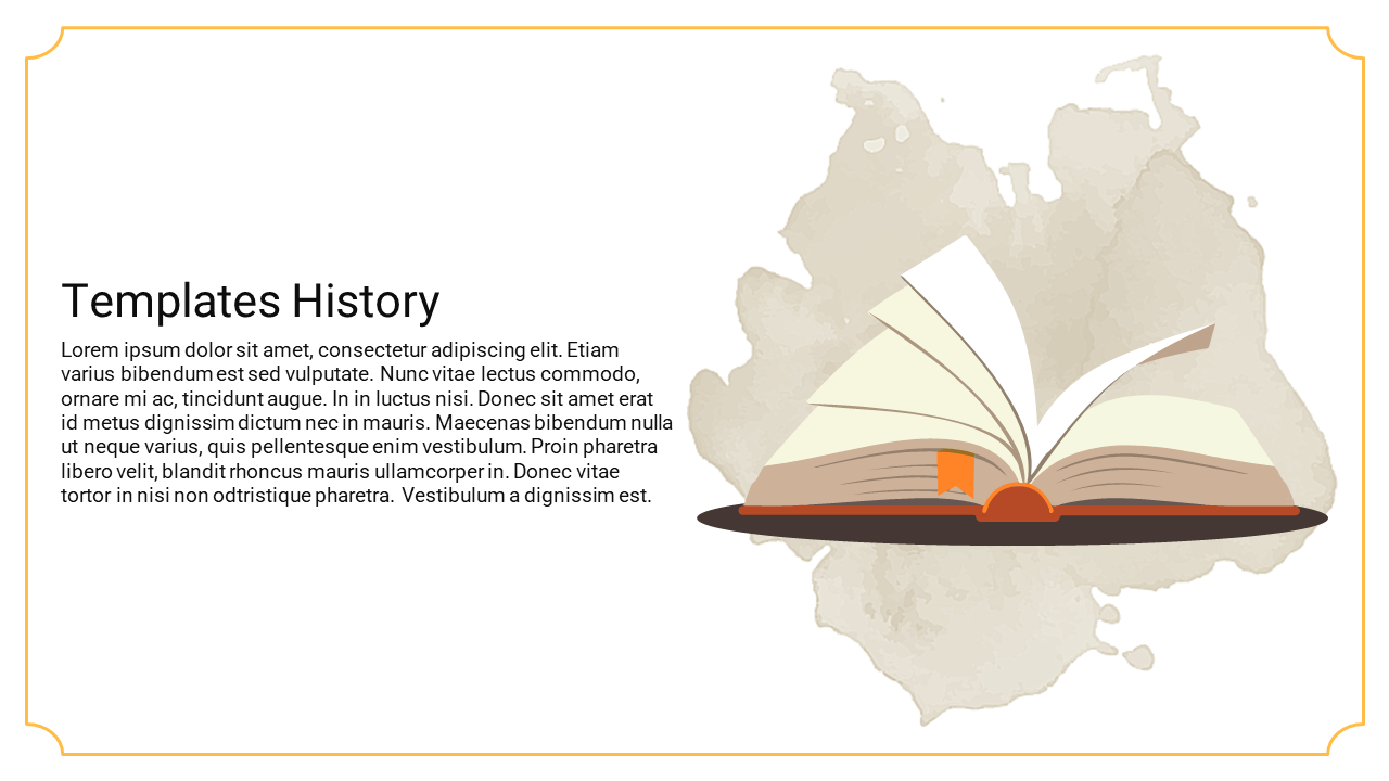 History slide with an illustration of open book graphic on a light textured area with placeholder text on a beige background.