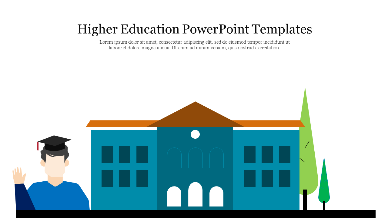 Higher education PowerPoint template featuring a graduation scene in front of a blue colored university building.