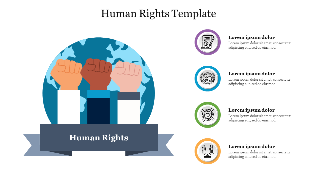 Template with a graphic of raised fists around a globe, and four circular icons representing different human rights themes.