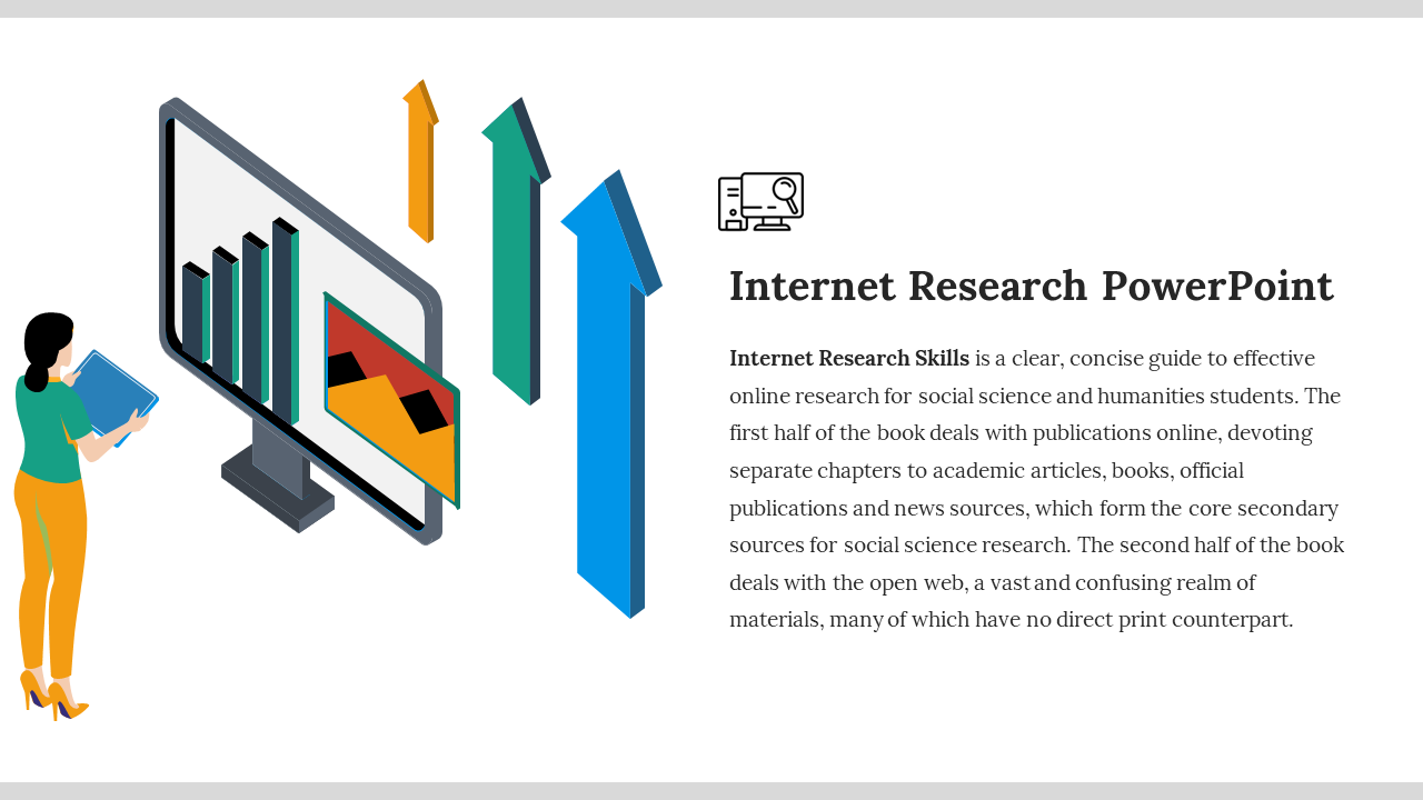 Slide featuring a computer display with charts and arrows, alongside text about internet research.