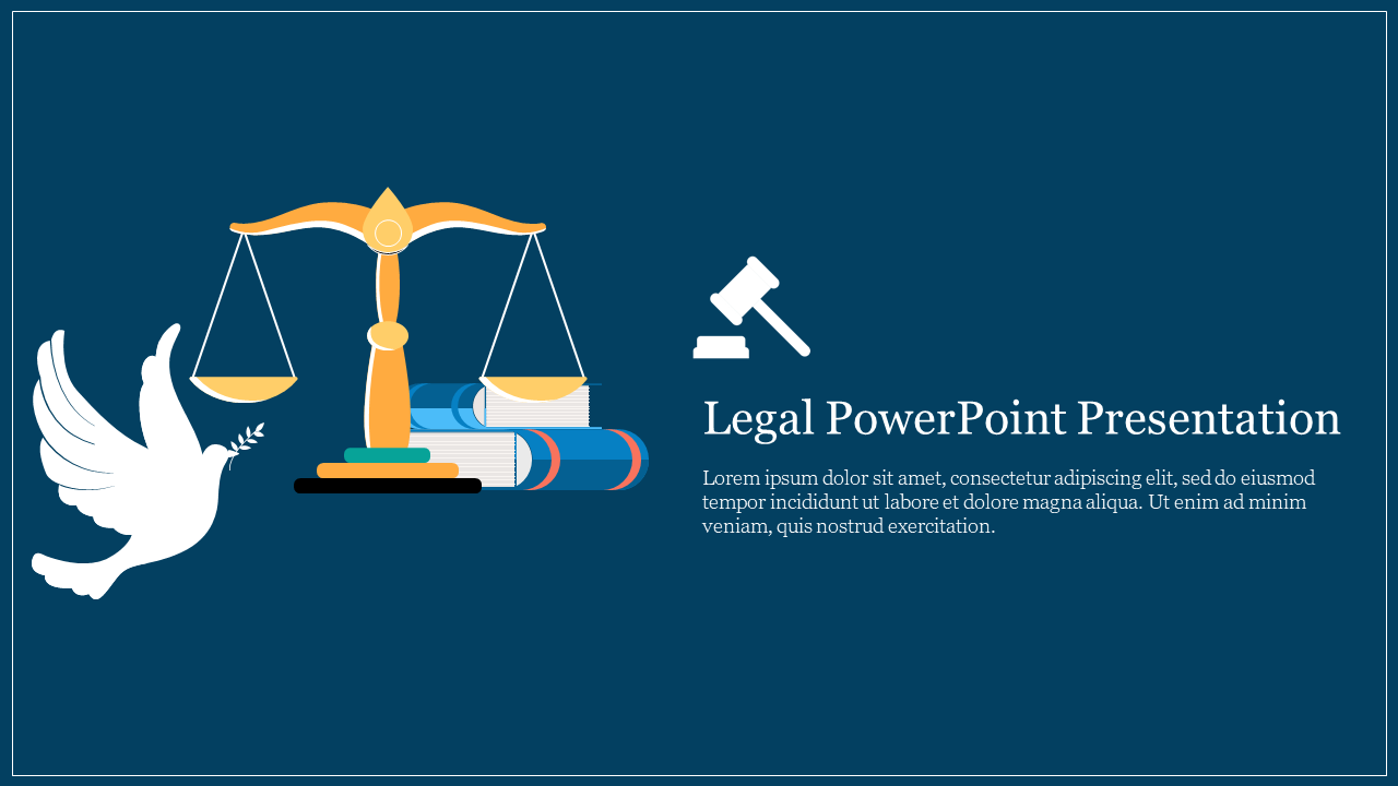 Legal PowerPoint presentation slide with scales of justice, books, a gavel, and a dove symbolizing peace on a blue backdrop.