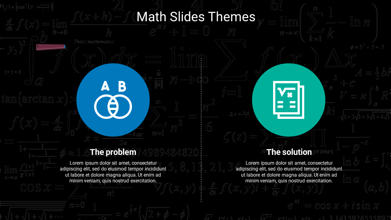 Math slide with icons for problem and solution against a dark background filled with various symbols and equations.