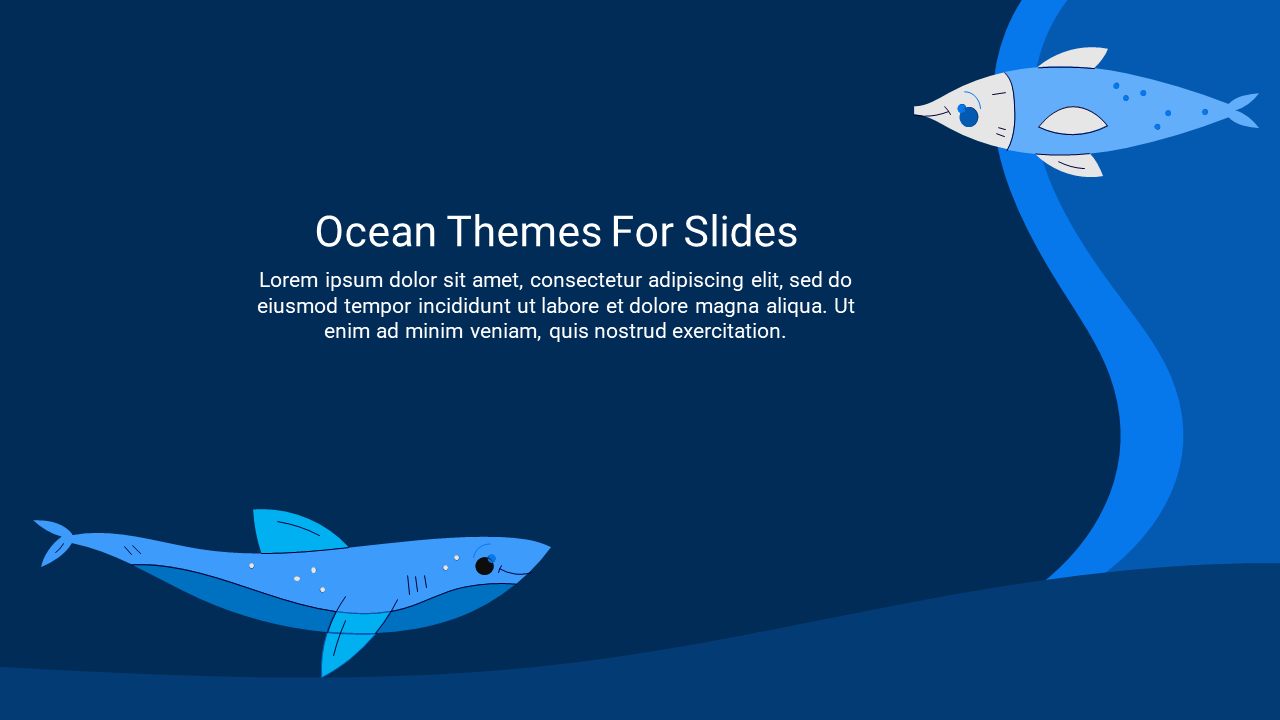 Slide with an ocean theme featuring a blue background, two fish illustrations, and a centered text area with the title.