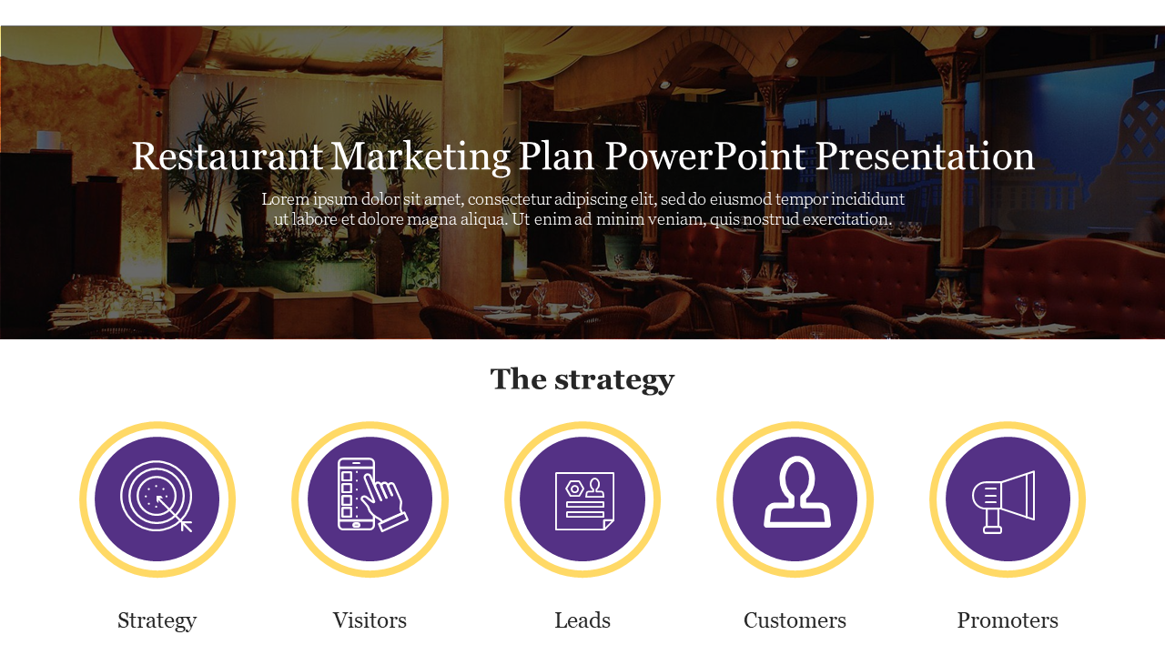 Restaurant Marketing Plan slide with an elegant dining setting and purple icons representing five sections.