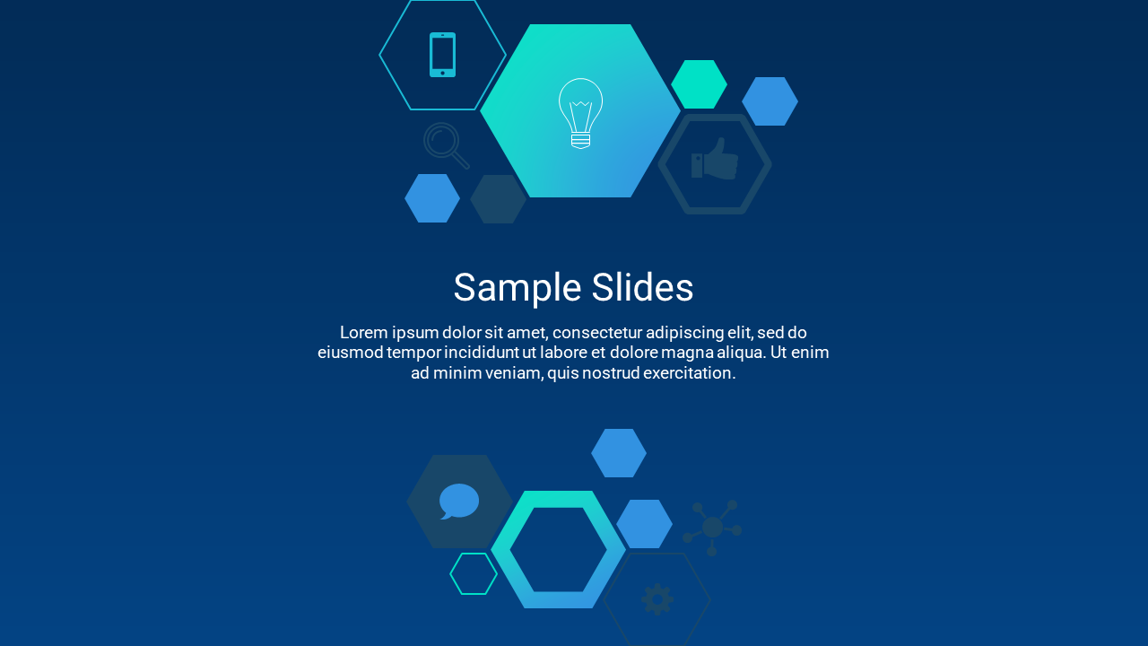 Hexagon shapes in shades of teal with icons arranged around text, on a gradient dark blue background.