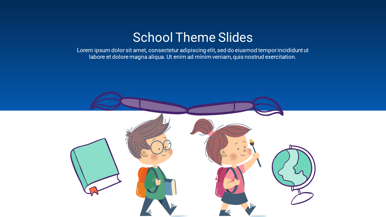 School themed slide with illustrations of children walking, a book, and a globe, against a blue and white background.