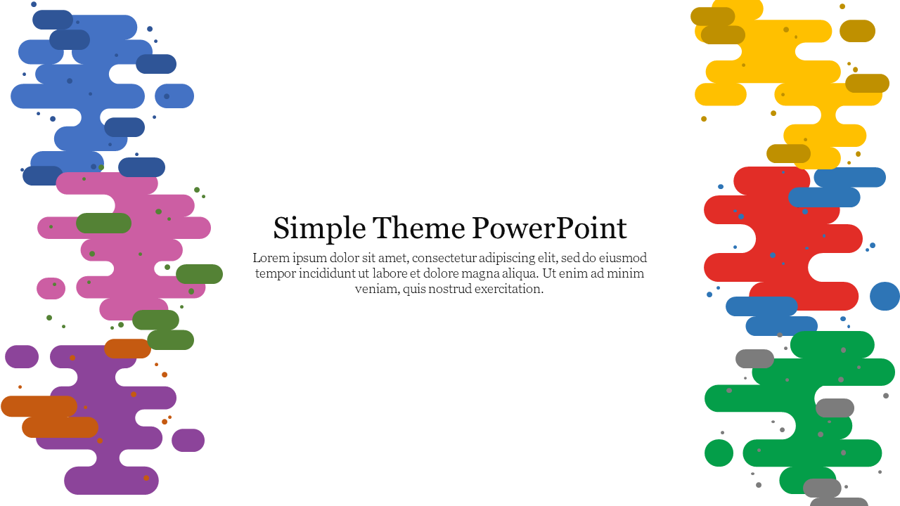 PowerPoint slide with a simple theme featuring colorful abstract shapes on the sides on a white backdrop.