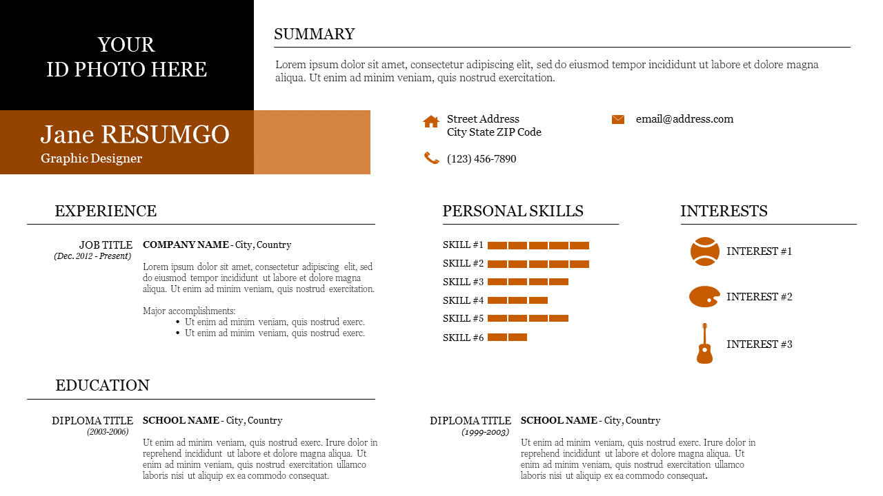 Professional CV template featuring sections for summary, experience, education, skills, and interests, with a modern layout.