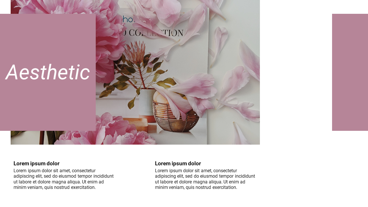 Pink floral arrangement with a mauve title box on the left and two text areas below, creating a soft, artistic layout.