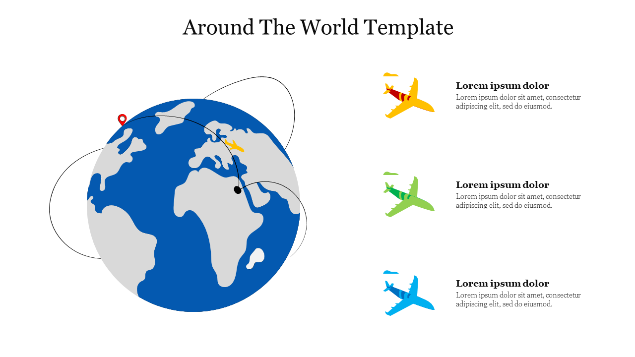 Illustration of a around the world with flight paths and three airplanes, alongside with placeholder captions areas.