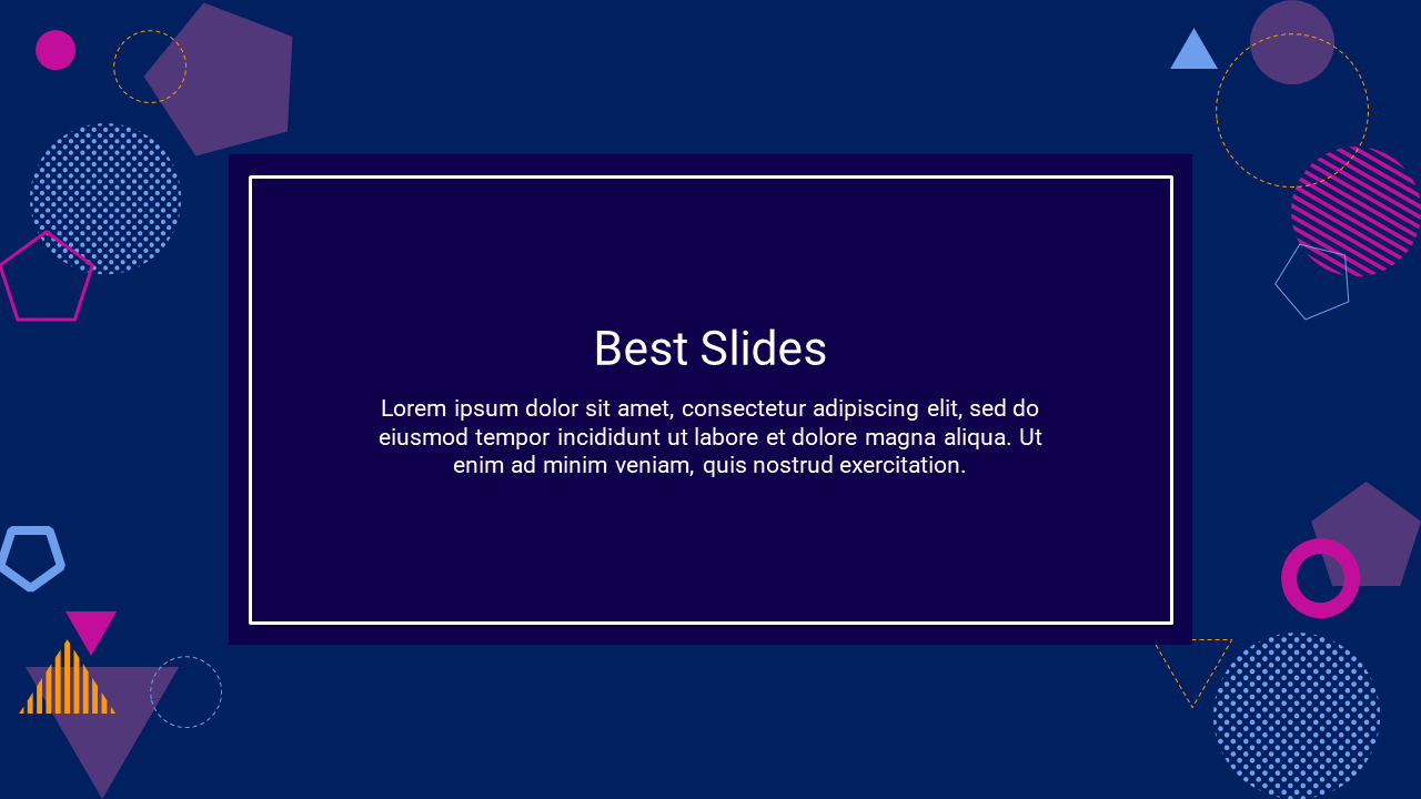 Colorful slide design with geometric shapes in various colors on a deep blue background, and a a centered text box.