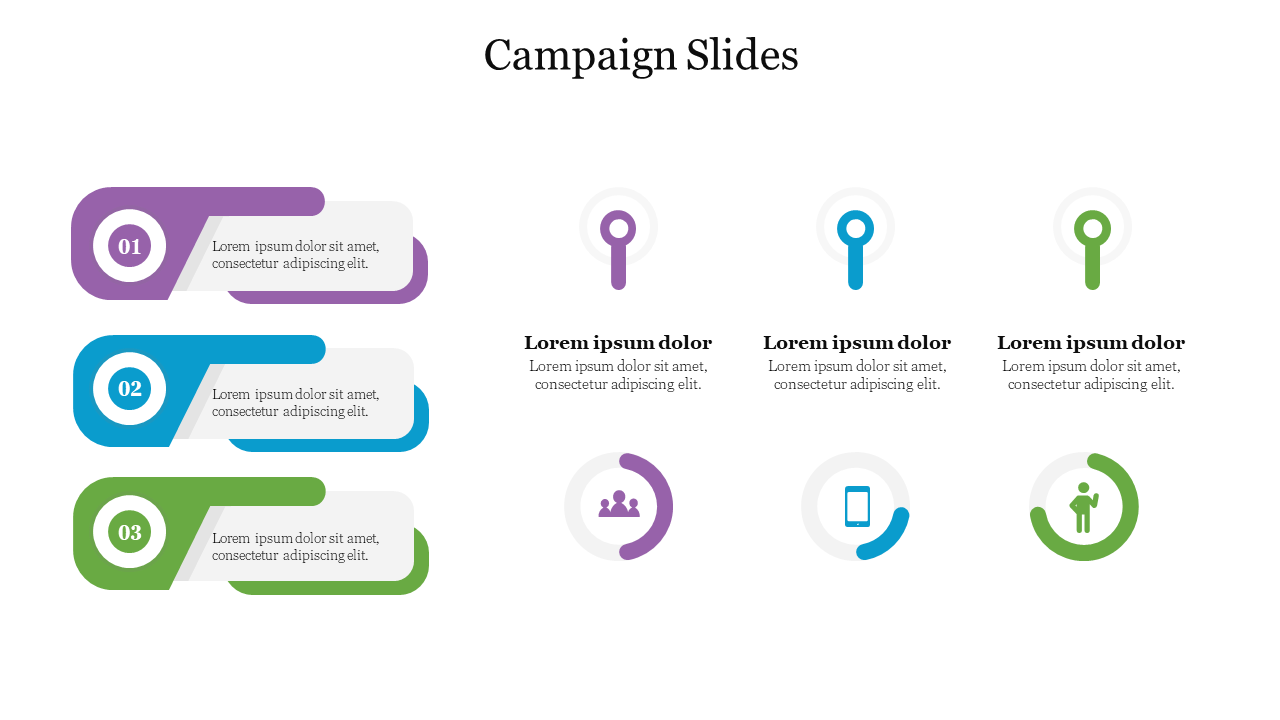 Campaign PPT slide with colorful icons representing different concepts with placeholder text on a white backdrop.