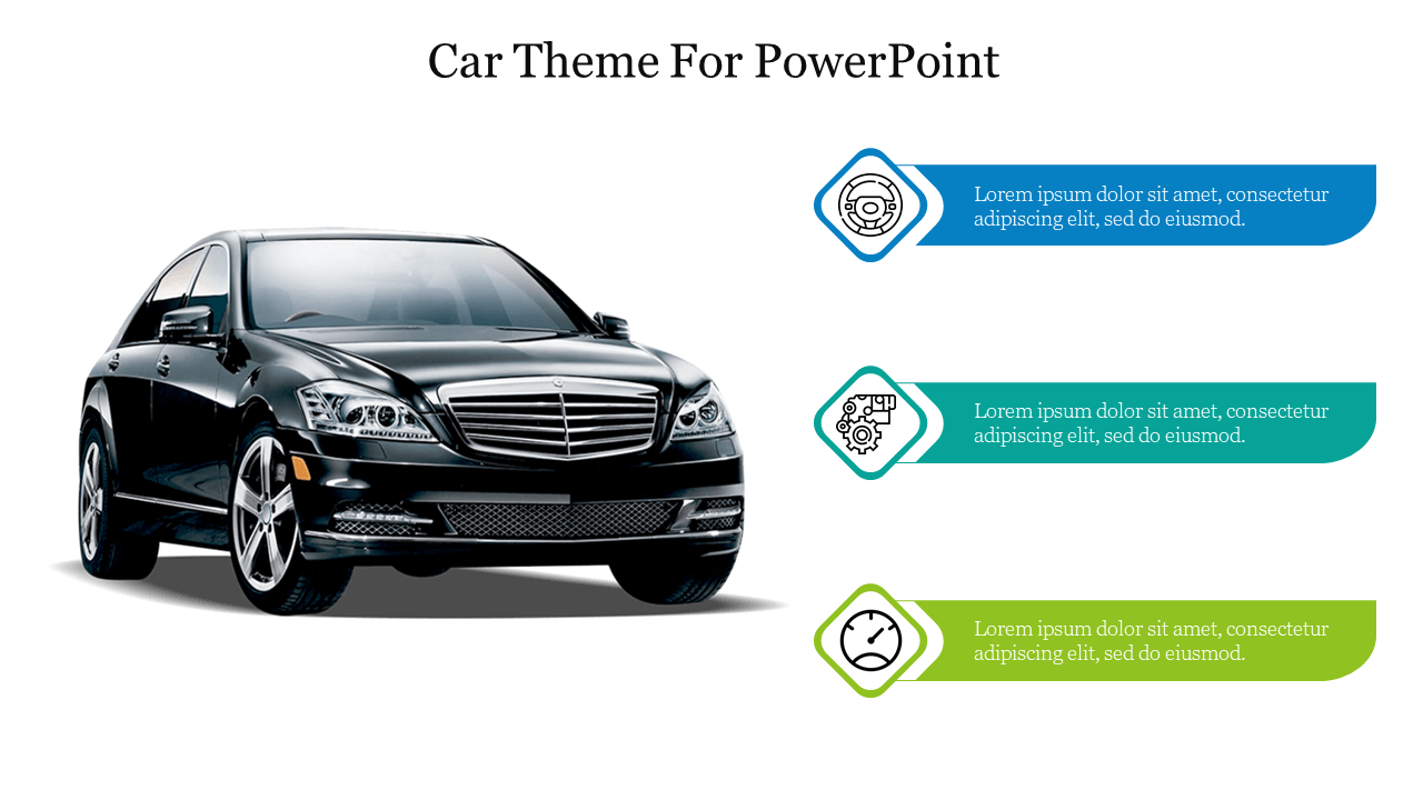 Black luxury car on the left with three colored text boxes on the right displaying icons and placeholder text.