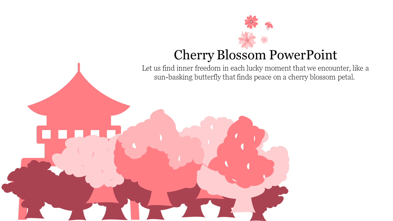 Slide featuring a serene pink pagoda with blooming cherry blossom trees and a peaceful quote about inner freedom.