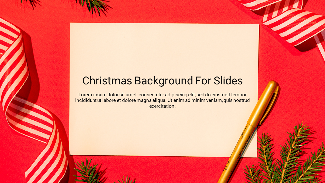 Red christmas background slide featuring a blank card with text surrounded by green pine branches and striped ribbons.