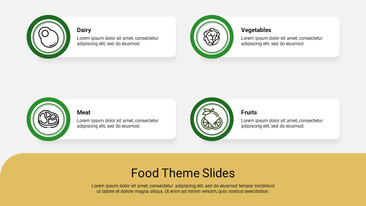 Food themed PPT slide with sections for dairy, vegetables, meat, and fruits with green coded icons and placeholder text.