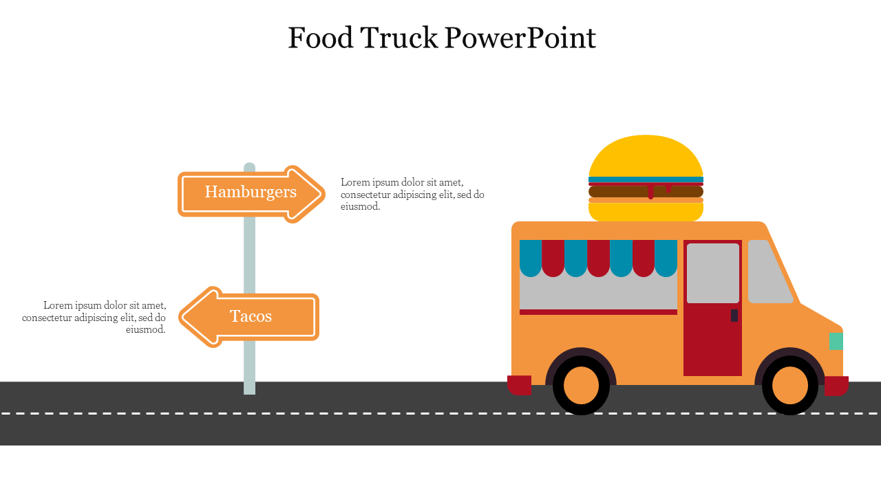 Illustration of an orange food truck with a burger on top, driving on a road, with two arrow signpost.