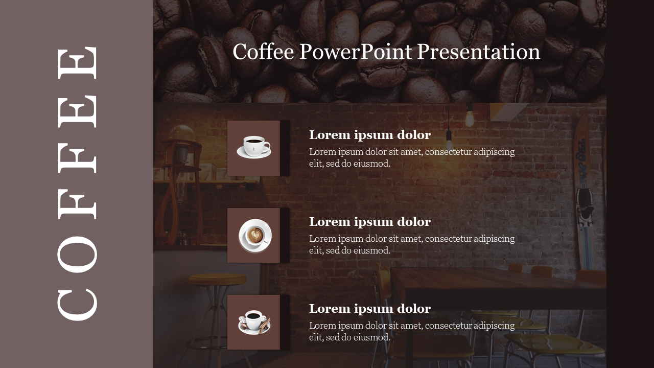 Coffee presentation slide with a background of coffee beans and a cozy café scene, featuring text sections and coffee icons.