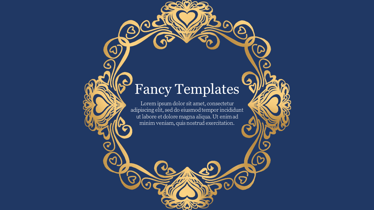 Golden ornate circular pattern with heart motifs on a dark blue background, with space for text in the center.