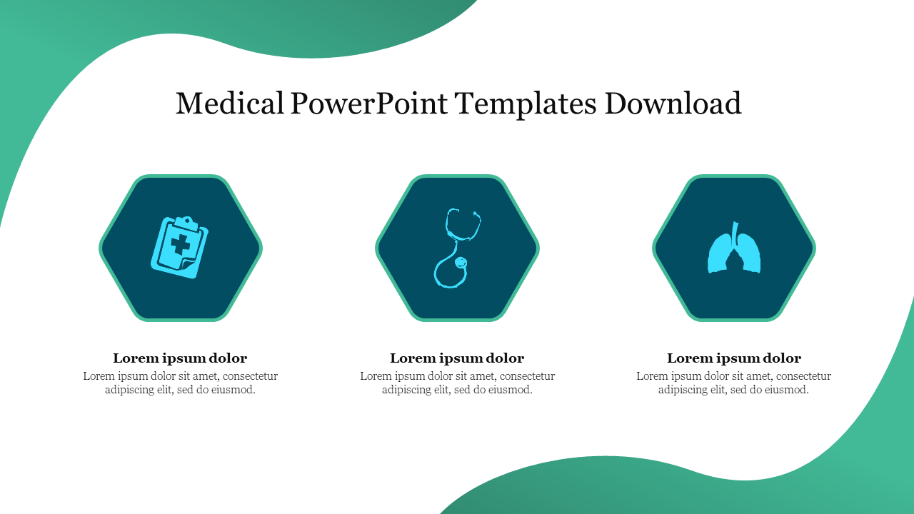 Medical PowerPoint slide featuring icons for healthcare, stethoscope, and lungs in hexagonal sections with placeholder text.