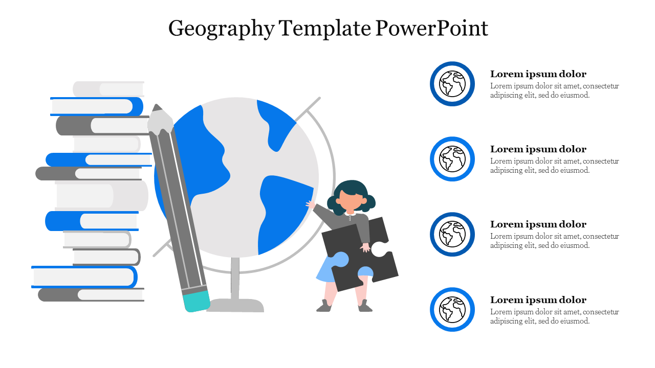 A child holding a puzzle piece near a globe, books, and pencil, with four circular icons and text, all in blue accents.