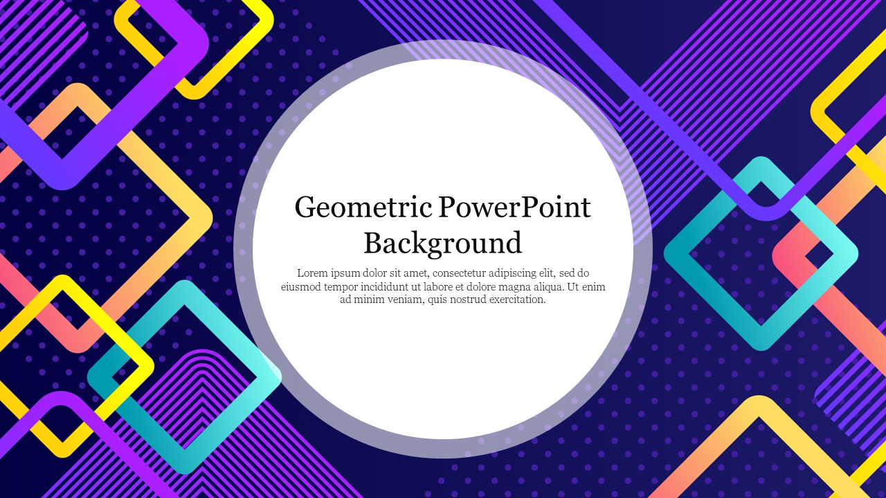 Geometric background slide with colorful squares and rectangles on a dark blue gradient, encircling a white text area.