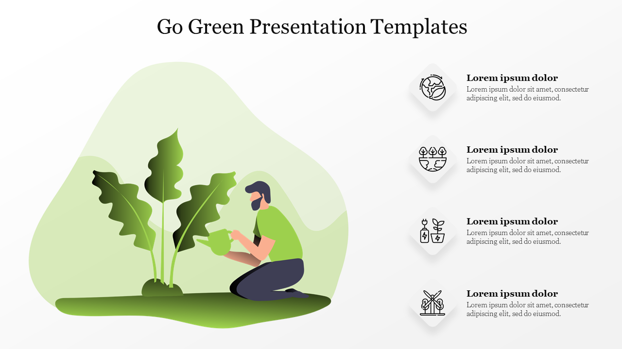 Illustration of a person watering plants as a go green effect with three icons and caption areas related to sustainability.